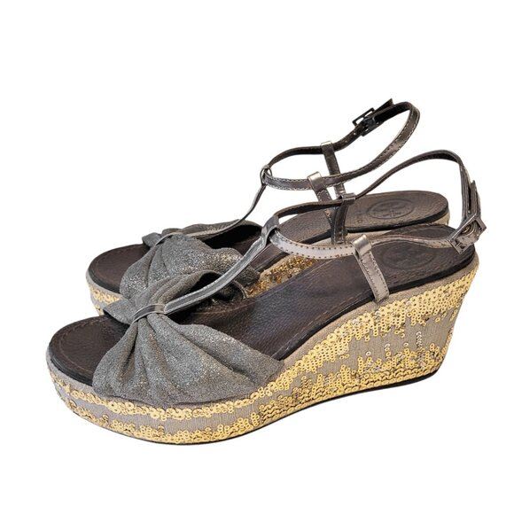 Tory Burch Declan 2 T Strap Sequin Wedges - Picture 2 of 10